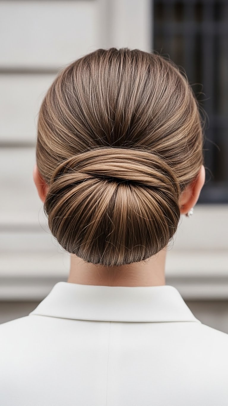 Sleek low chignon updo hairstyle elegantly positioned at nape of neck against sophisticated architectural backdrop.