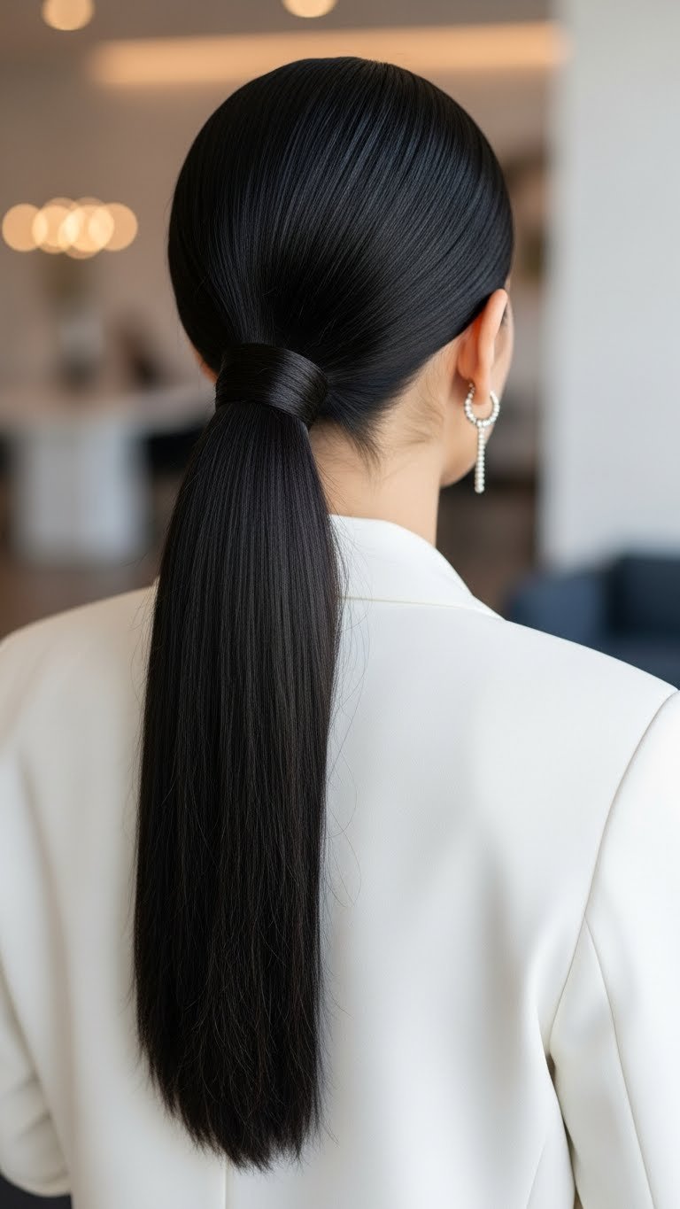 Sleek low ponytail hairstyle on jet black hair with incredible shine and flawless finish in modern office setting