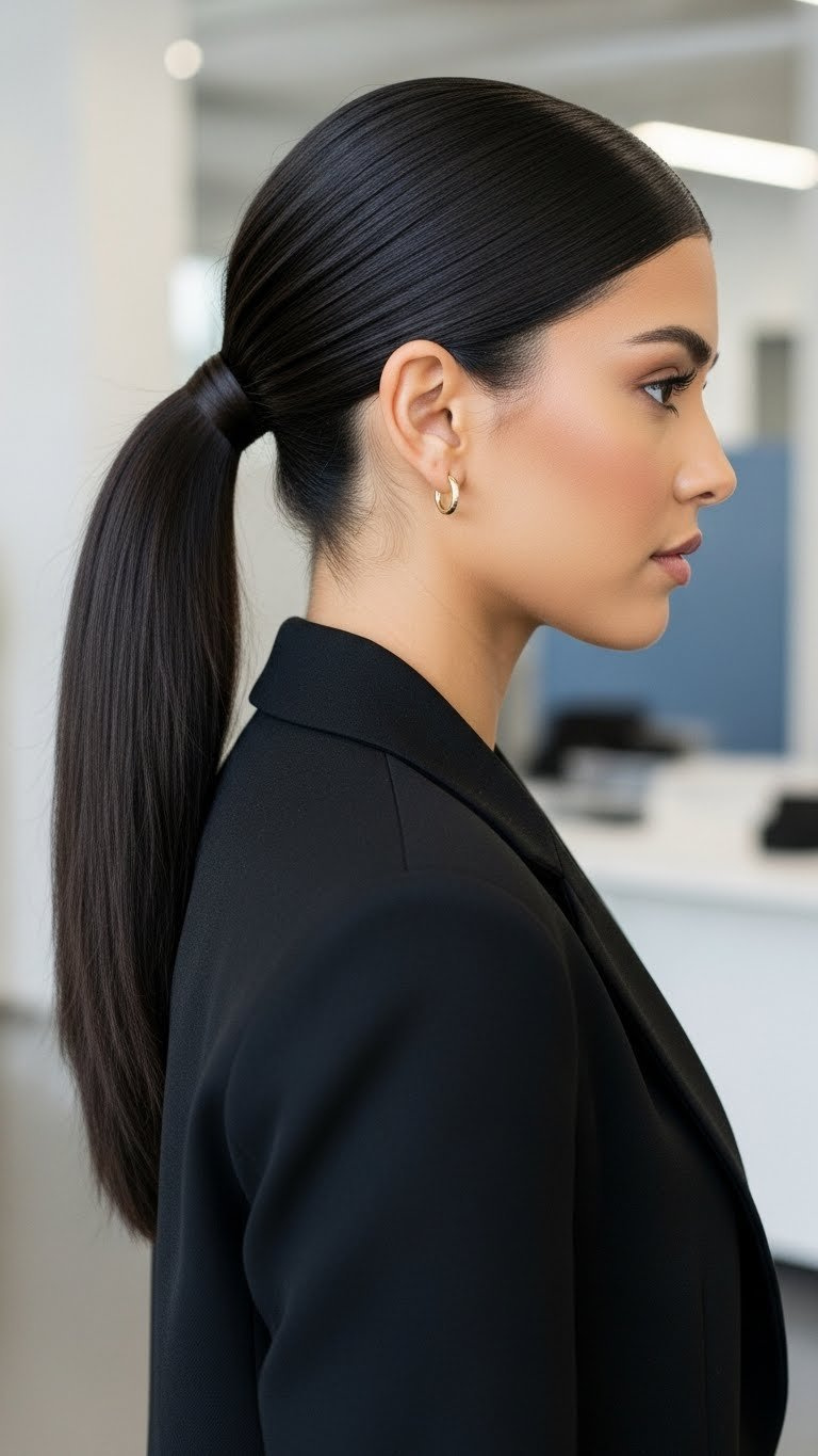 Sleek low ponytail on medium length Latina hair with sharp part and polished professional finish