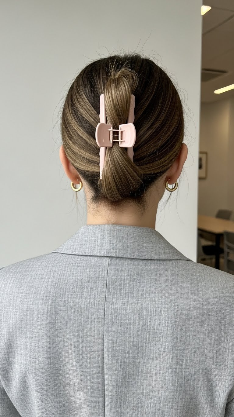 Sleek low ponytail secured with minimalist claw clip against neutral office interior with crisp white shirt.