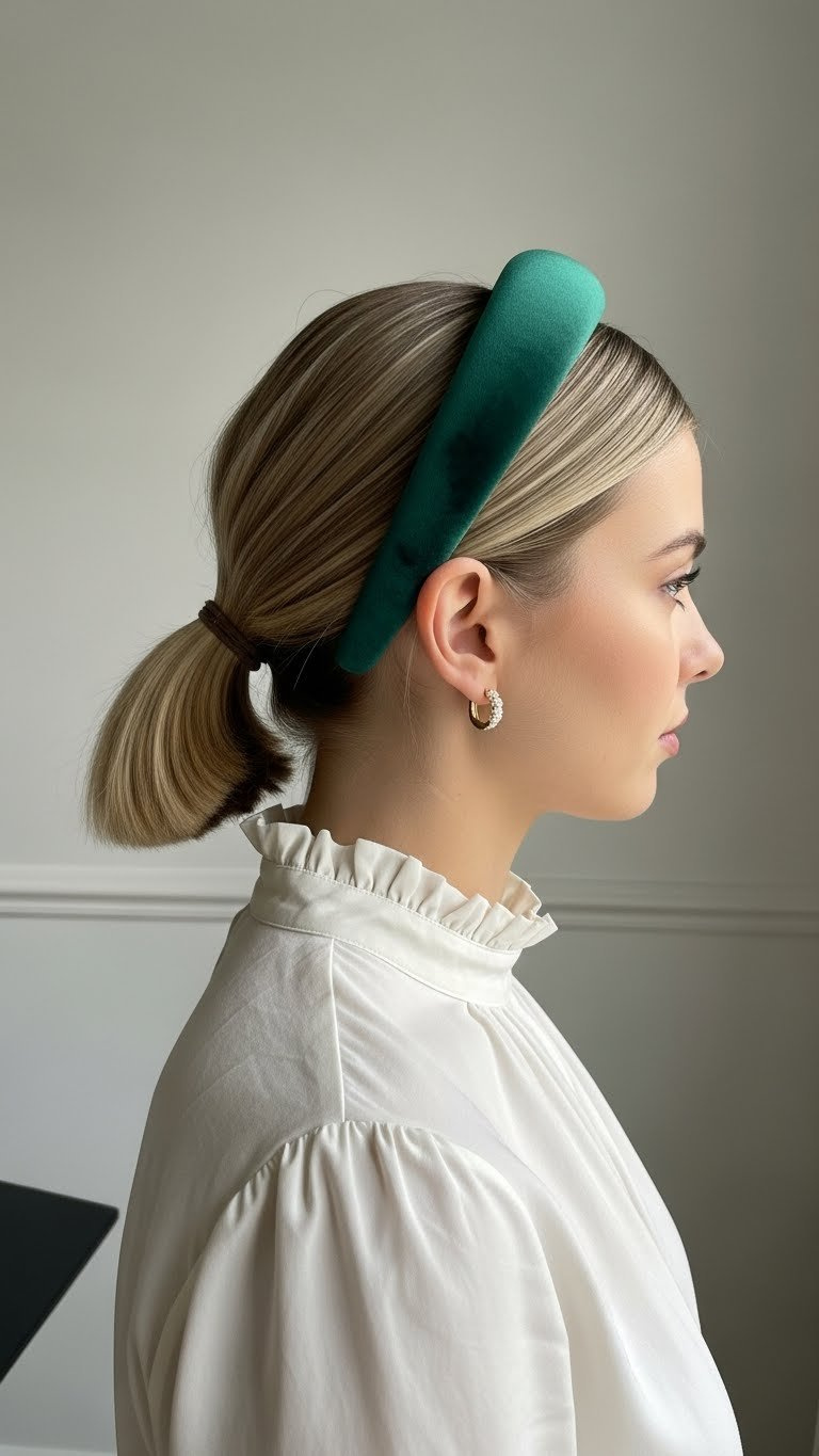 Sleek low ponytail with chic padded jewel tone headband in minimalist room interior with soft natural lighting.