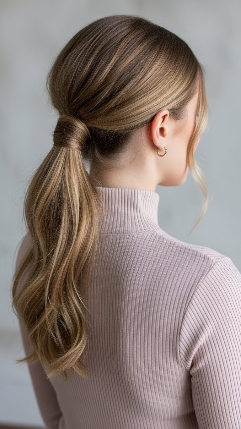 Sleek low twisted ponytail on medium length hair with elegant twist detail, high-neck top, and textured wall background