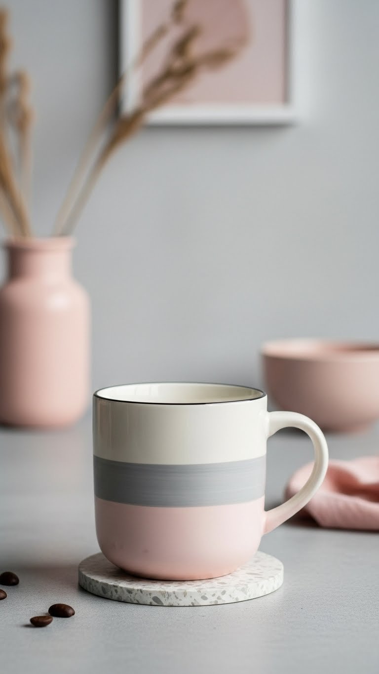 Sleek minimalist ceramic mug with grey and black two-tone horizontal stripes on concrete surface