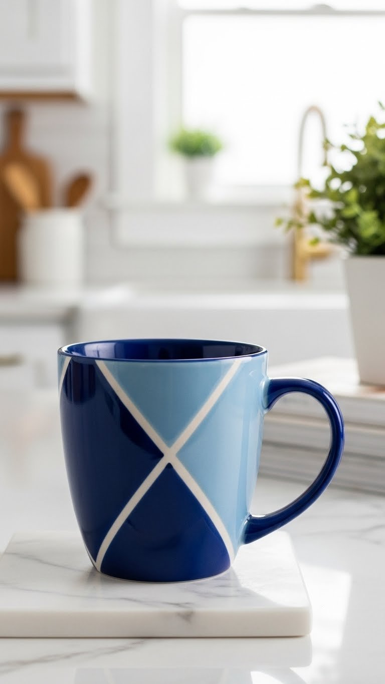Sleek modern blue stoneware mug featuring crisp geometric patterns against minimalist white marble background