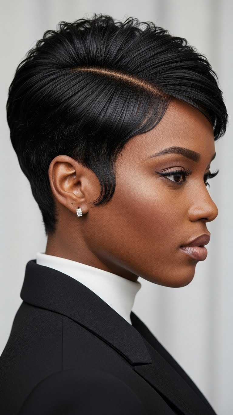 Sleek pixie cut hairstyle on a black woman with sharp lines and glossy finish in professional studio lighting.