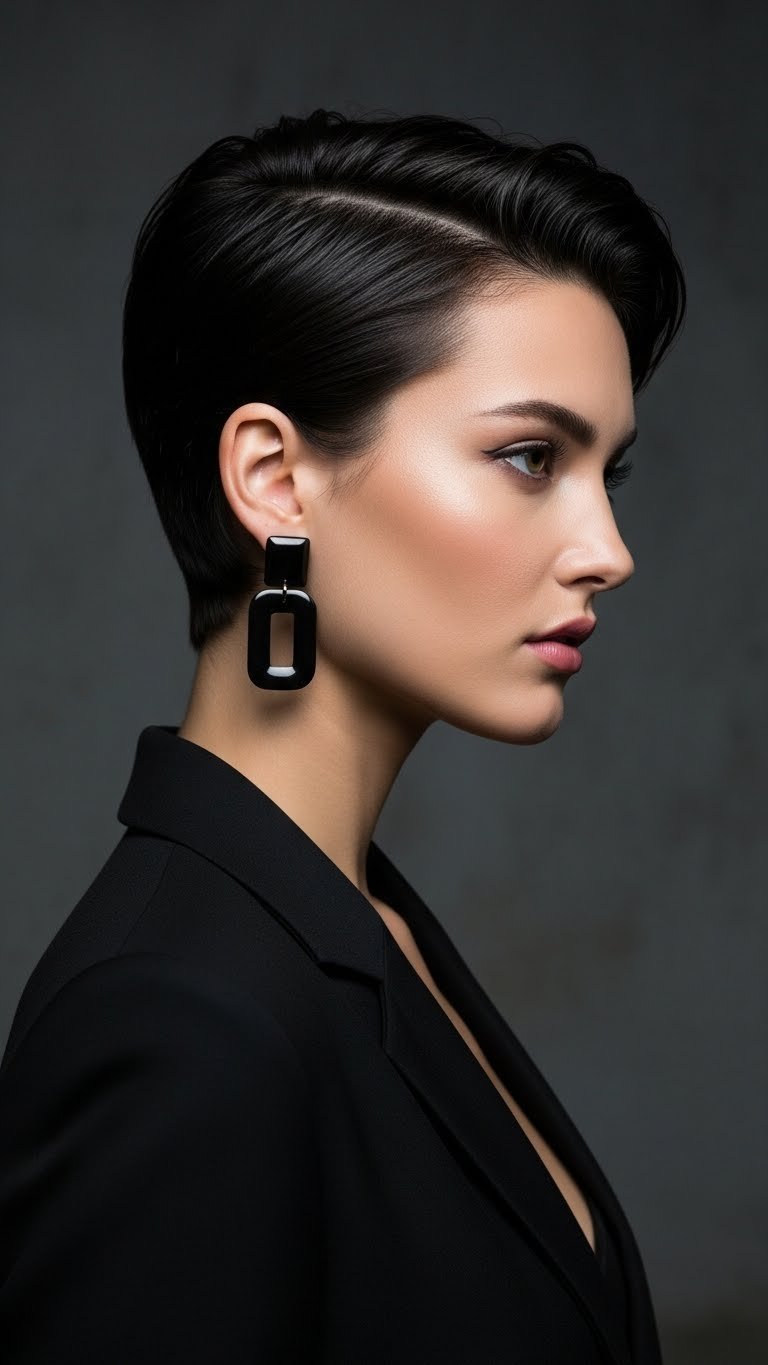 Sleek pixie cut with defined edges and dramatic lighting on short dark hair in industrial studio