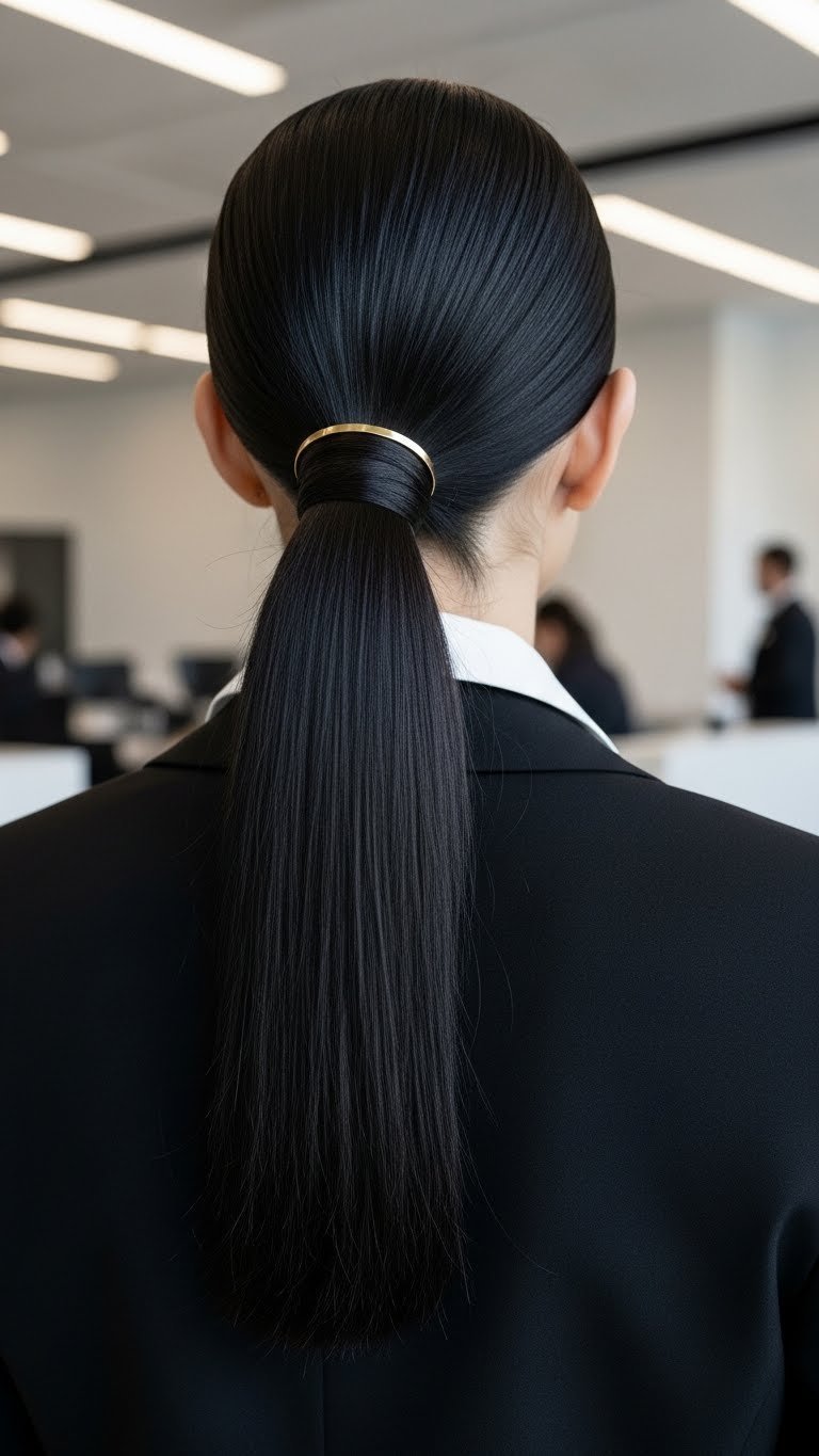 Sleek polished low ponytail hairstyle with glossy dark hair against professional office backdrop with subtle gold hair cuff