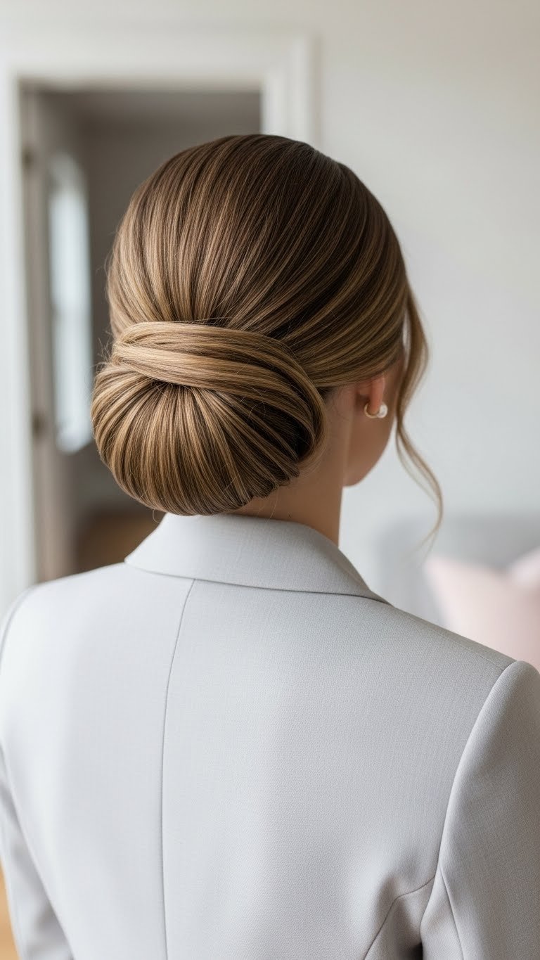 Sleek polished low rolled bun hairstyle on medium length hair in bright minimalist interior setting