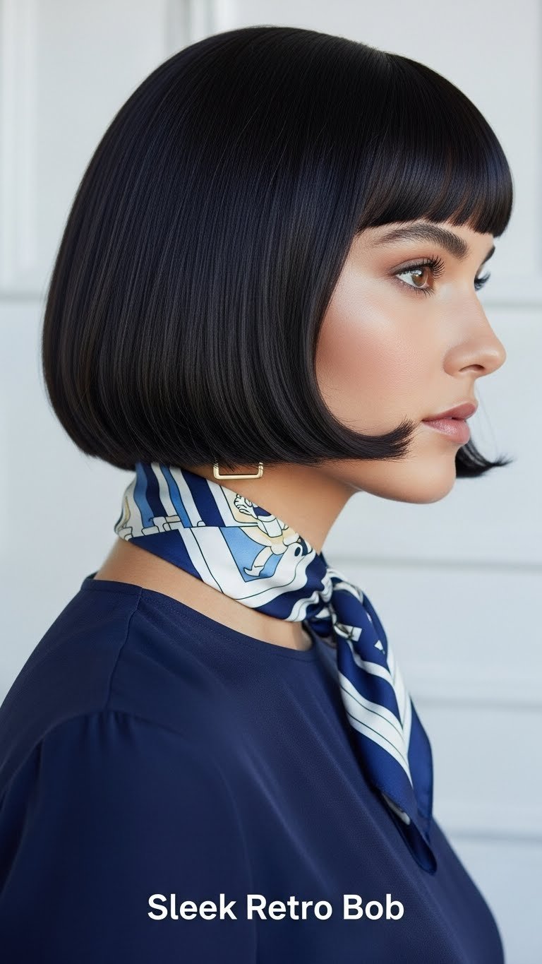 Sleek retro bob hairstyle with chin-length glossy hair and clean lines curled inward against minimalist background.