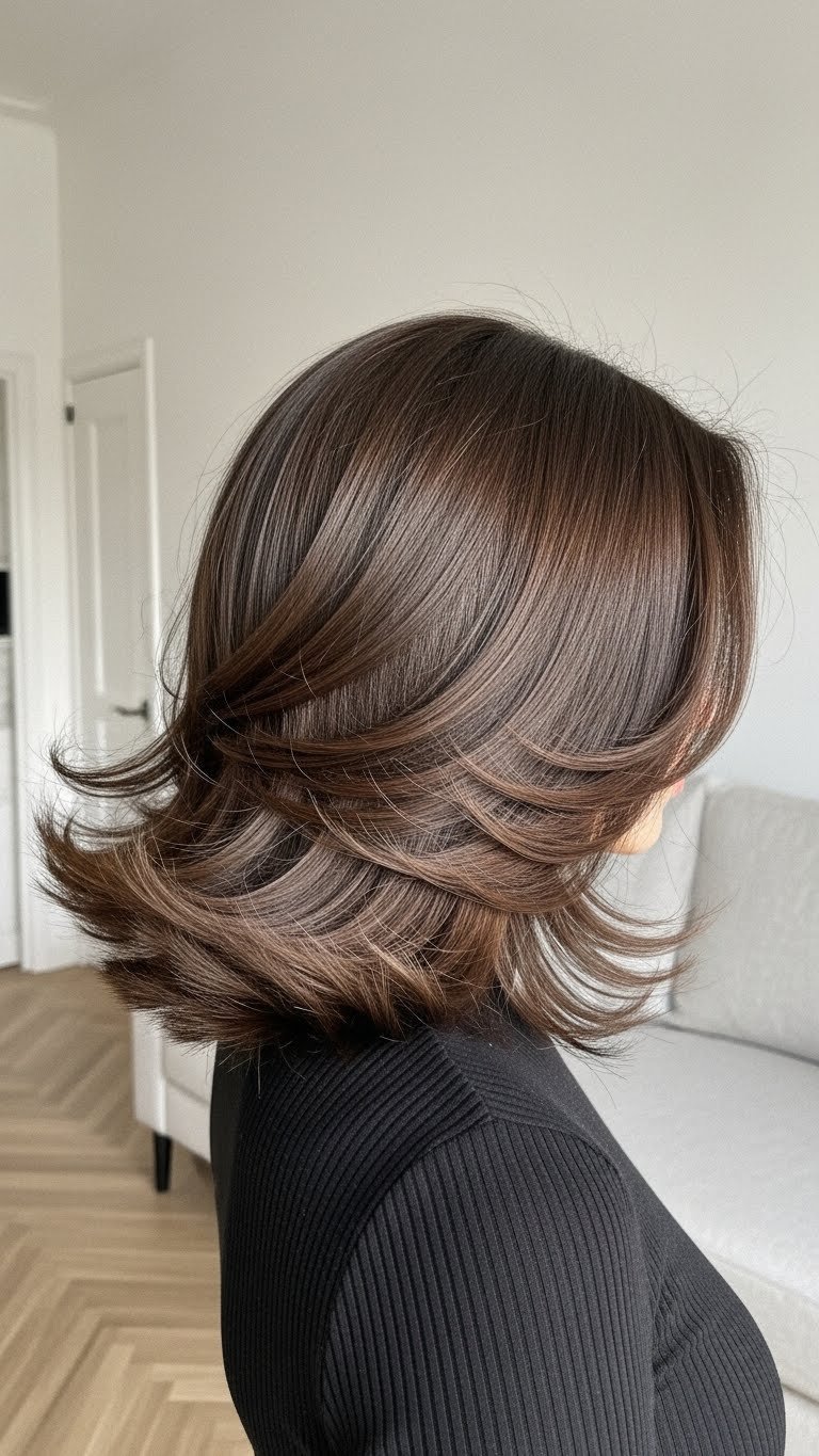 Sleek straight medium-length hair with dramatically flipped ends creating polished 00s hair aesthetic in minimalist setting