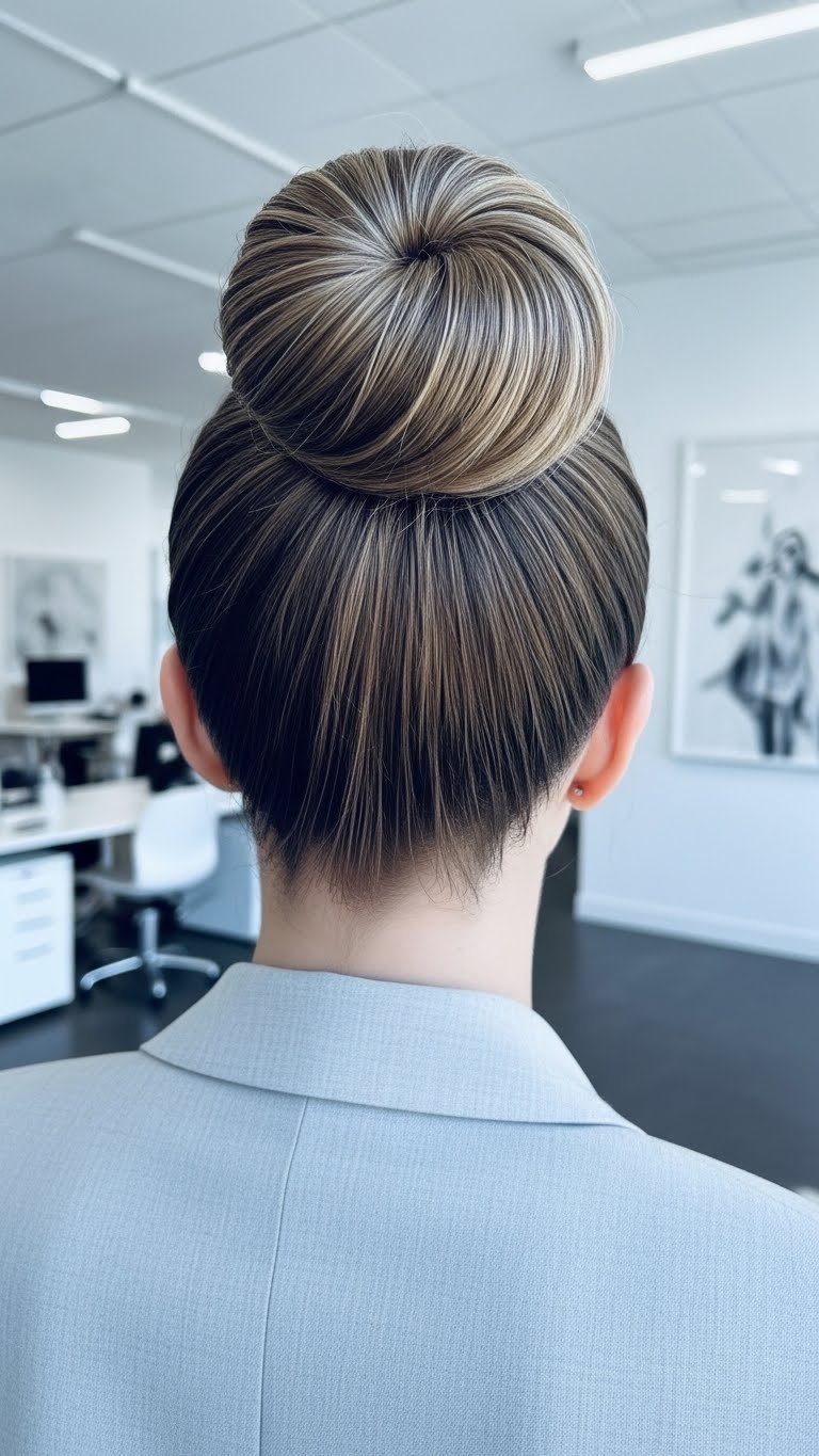 Sleek top knot updo hairstyle with tightly sculpted high bun against minimalist modern office backdrop.