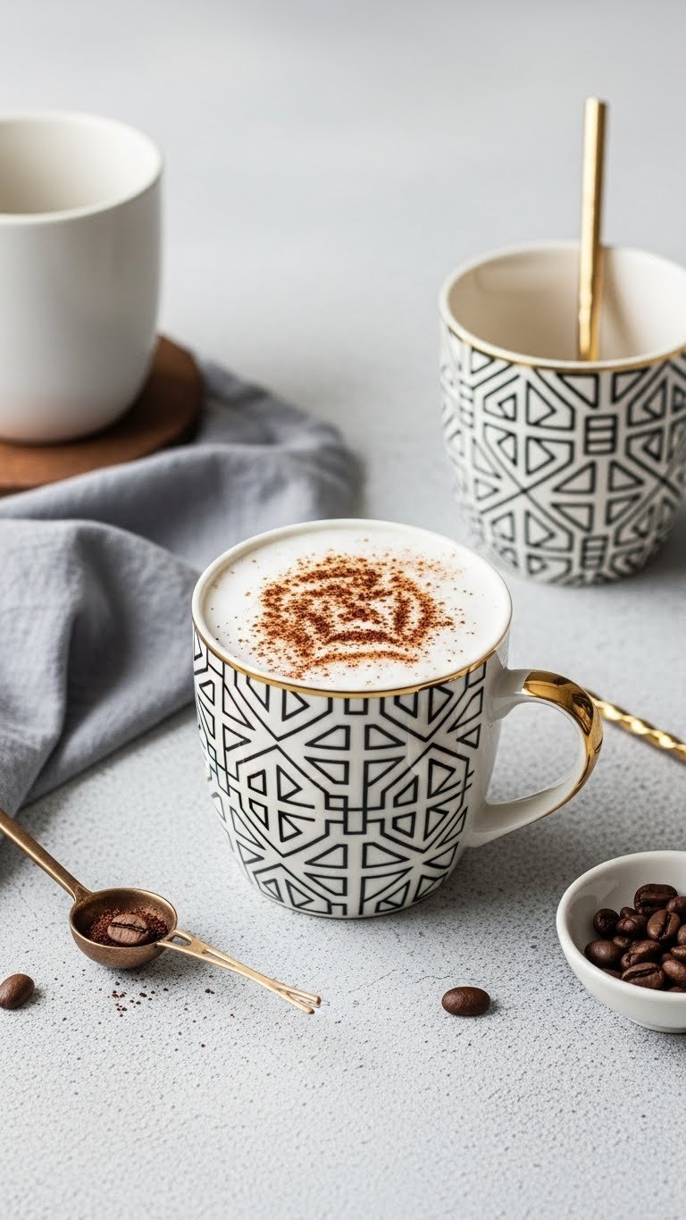 Sleek white ceramic mug with modern black and gold geometric pattern on concrete surface with coffee bean