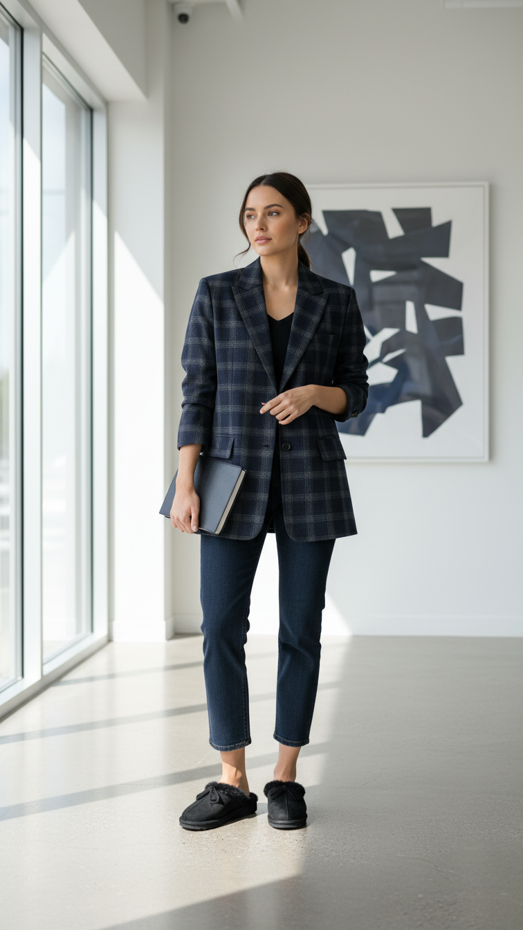 Smart casual outfit featuring plaid blazer over dark-wash jeans with black Ugg Tasman slippers in modern setting