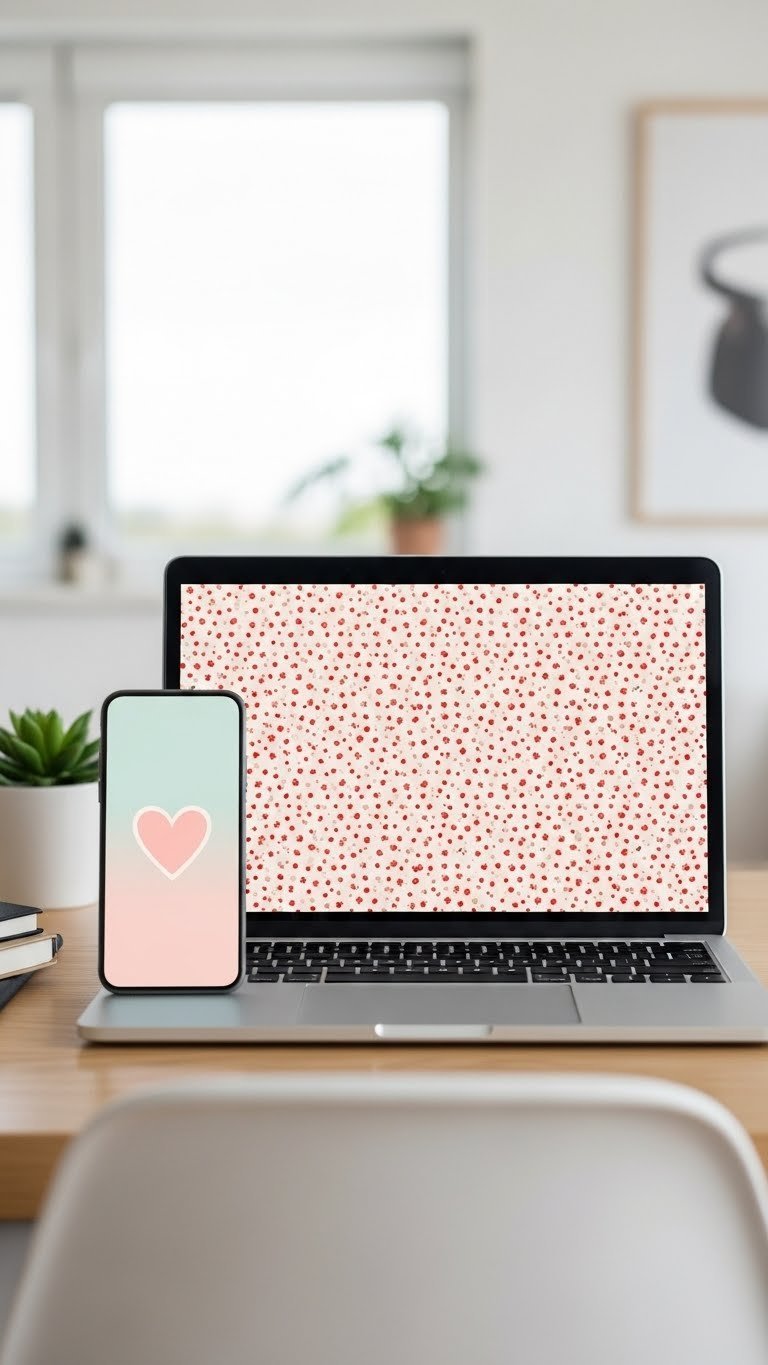 Smartphone and laptop displaying Valentine's aesthetic wallpapers with heart patterns on a light wooden desk