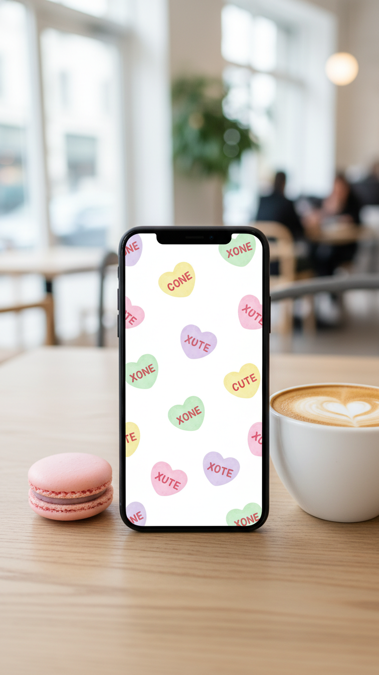 Smartphone displaying candy heart wallpaper with pastel hearts and romantic text sayings on cafe table setting.