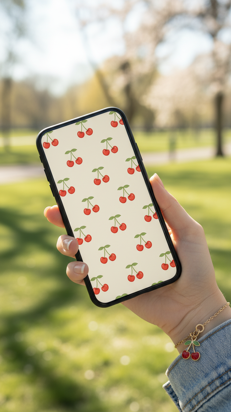 Smartphone displaying dainty cherry print wallpaper on off-white background held against light-wash denim jacket backdrop.