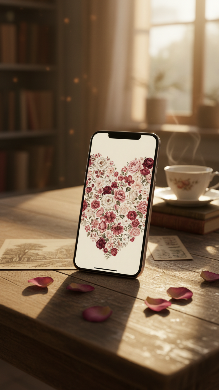 Smartphone displaying romantic floral heart wallpaper with pink roses and peonies on vintage wooden table.