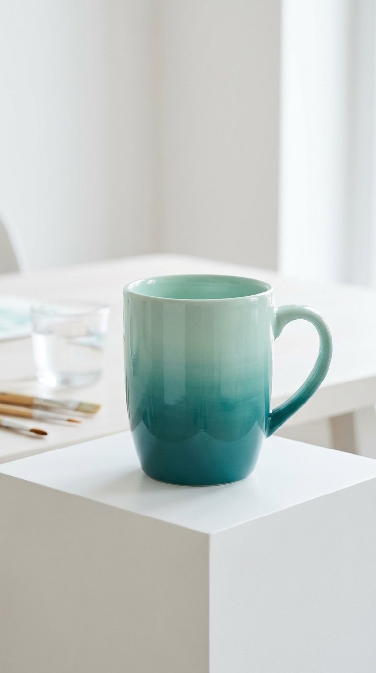 Smooth ceramic mug with teal to mint ombre gradient displayed on white pedestal in studio setting