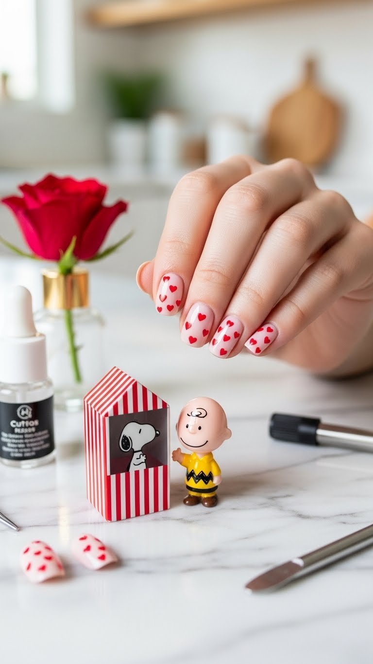 Snoopy and Charlie Brown kissing booth nail design with red stripes and love hearts on marble countertop