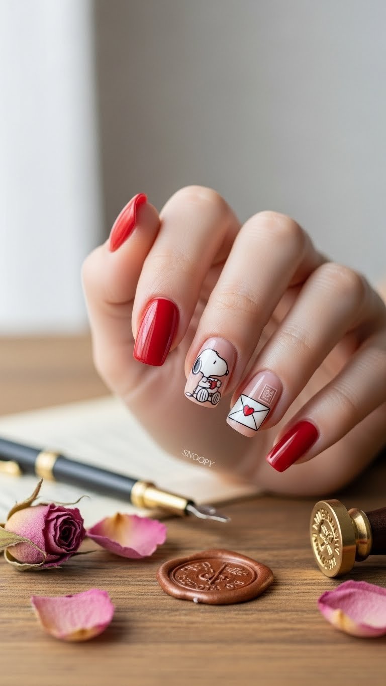Snoopy love letter accent nail design with romantic elements on rustic wooden table