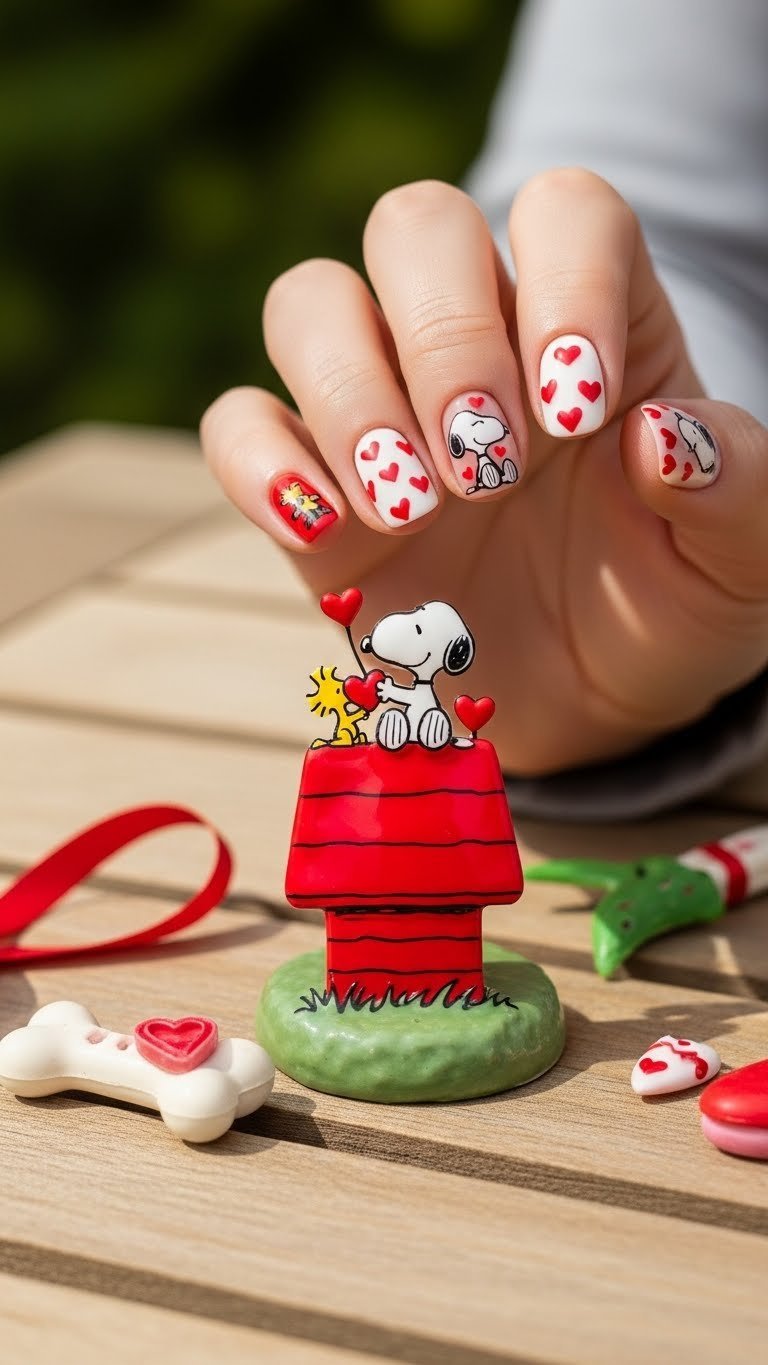 Snoopy's doghouse Valentine scene nail art with heart elements on rustic wood