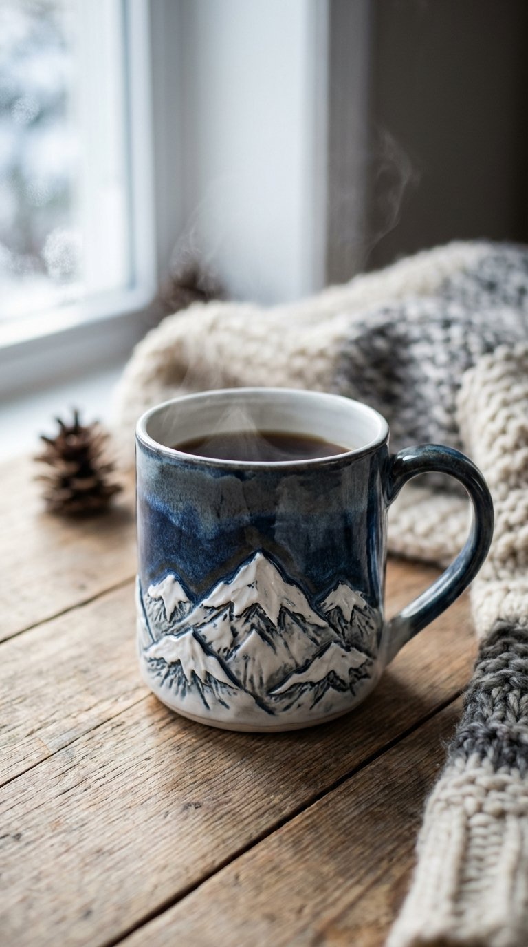 Snow-capped mountain design mug on rustic wooden table with winter-themed accessories