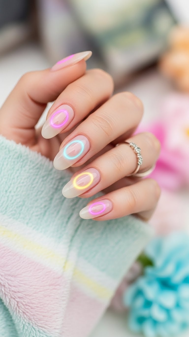 Soft aura nail art on oval-shaped nails with milky pink base and colorful glow effect