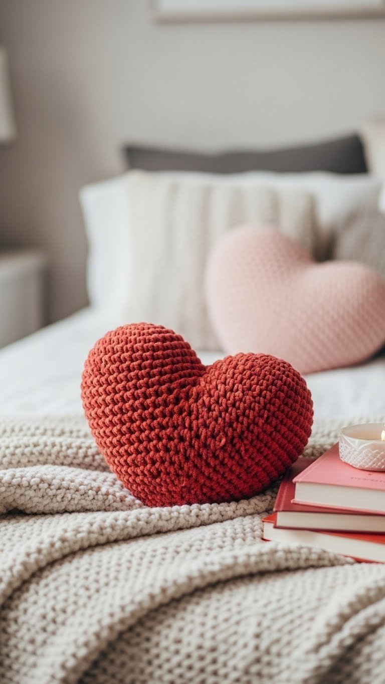 Soft crochet heart pillow with chunky texture in deep red resting on luxurious knit blanket