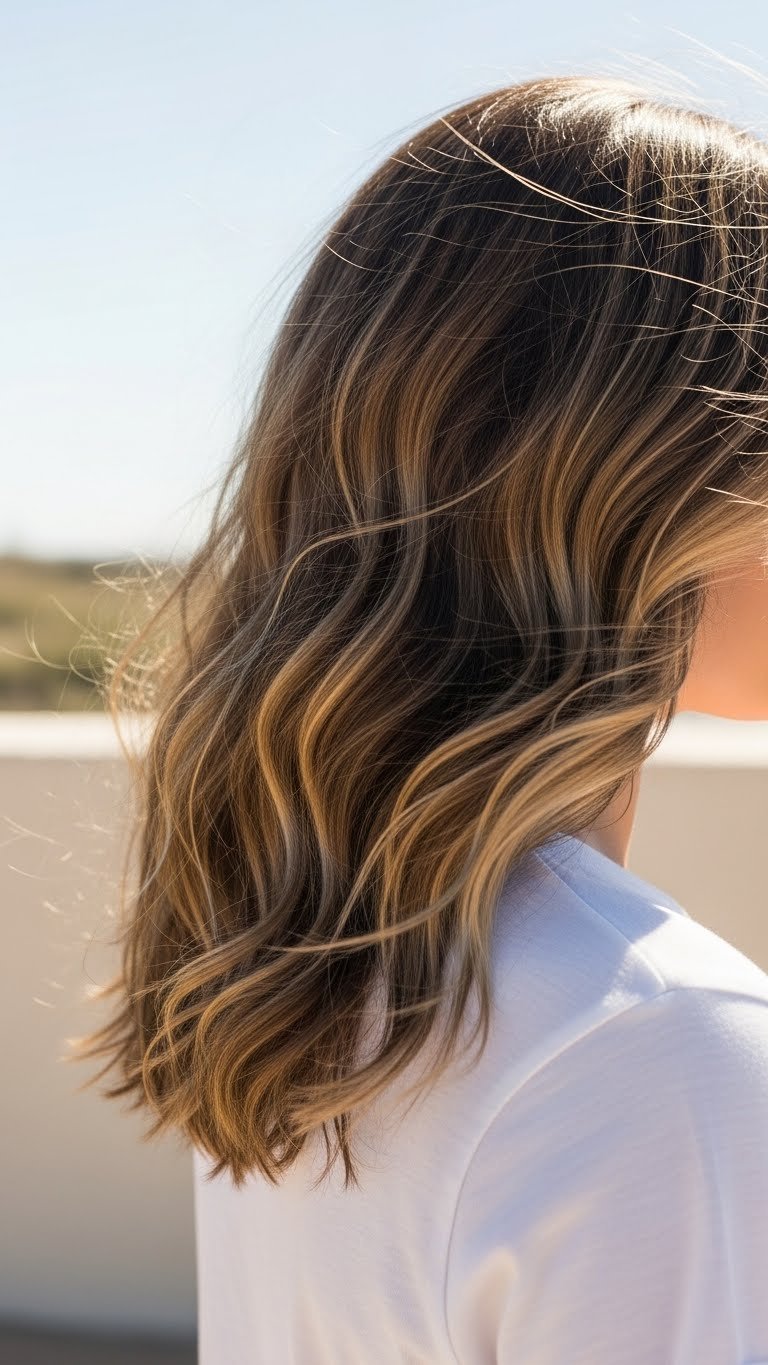 Soft natural beach waves cascading down shoulders with sun-kissed texture