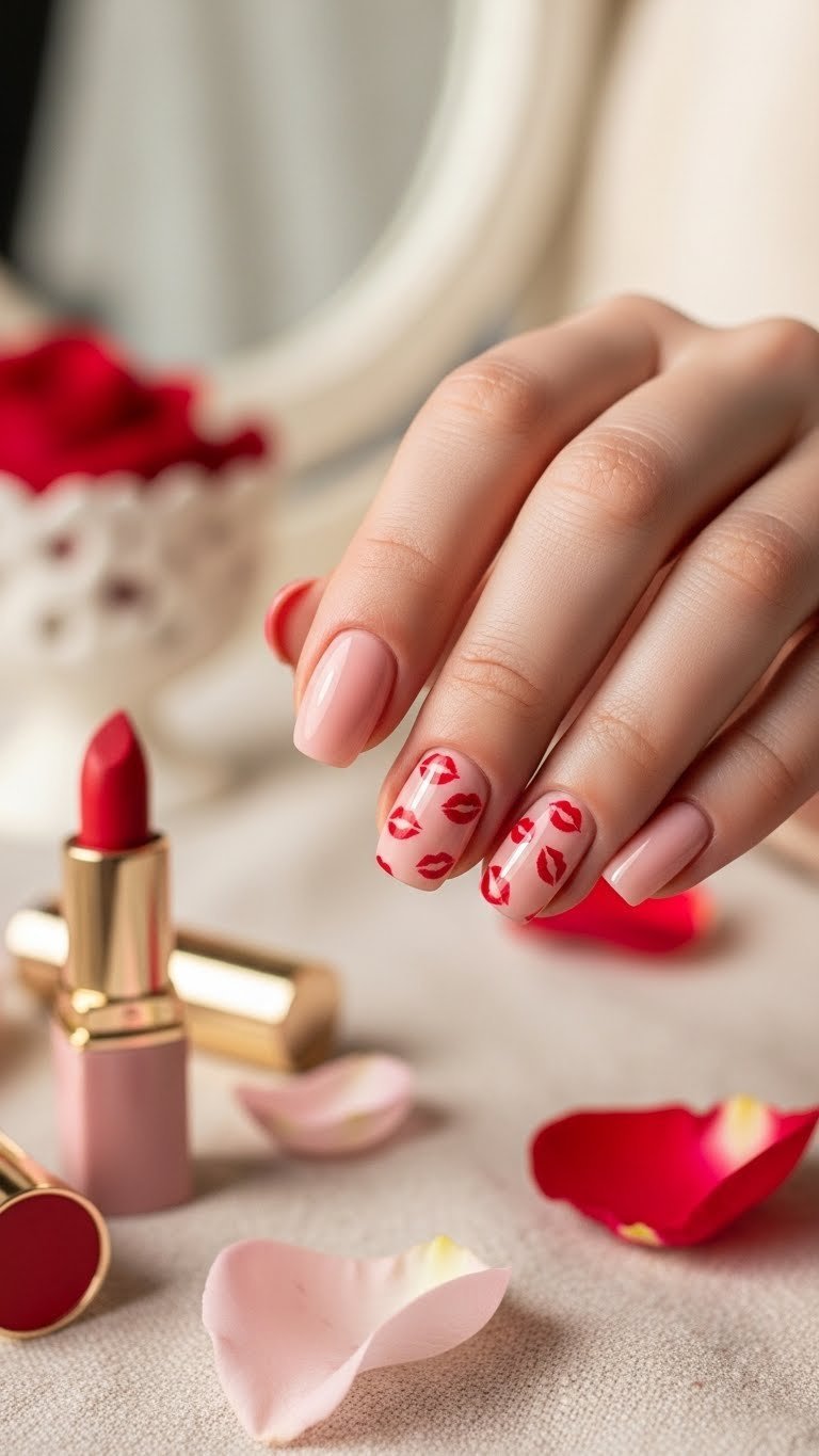 Soft pink Valentine's gel nails featuring delicate red kiss marks against textured linen cloth