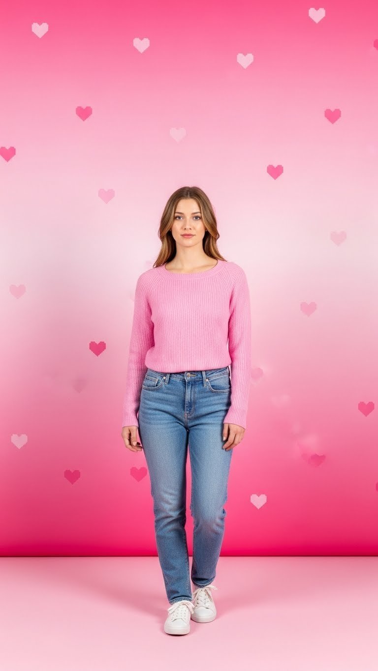 Soft pink gradient backdrop with scattered pixelated hearts creating Y2K-themed photo setting