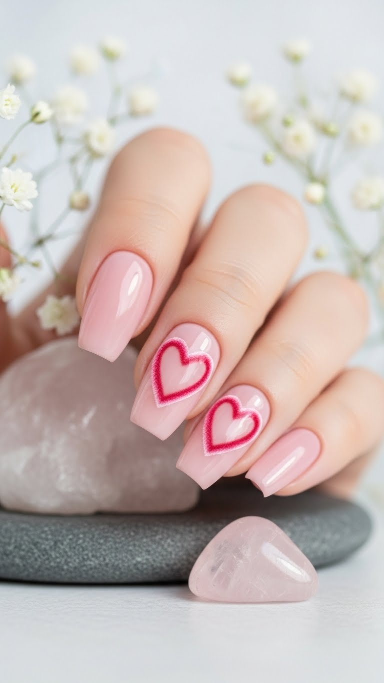 Soft pink velvet cat eye heart nail design with rose quartz crystal on minimalist gray stone background