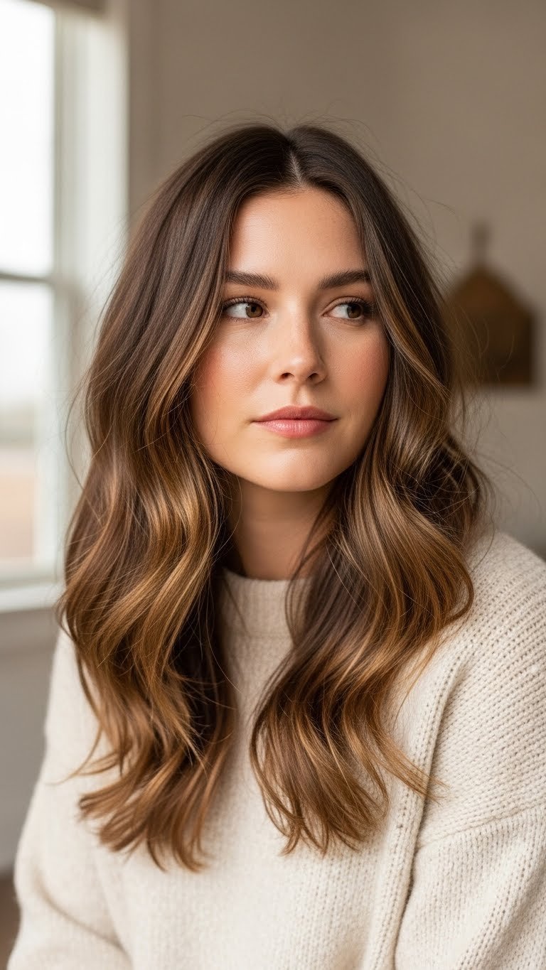 Soft textured waves on medium length hair with undone texture, cozy sweater, and soft linen minimalist background