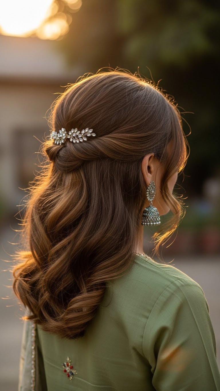 Soft waves adorned with ethnic hair accessories on Indian medium length hair in garden setting