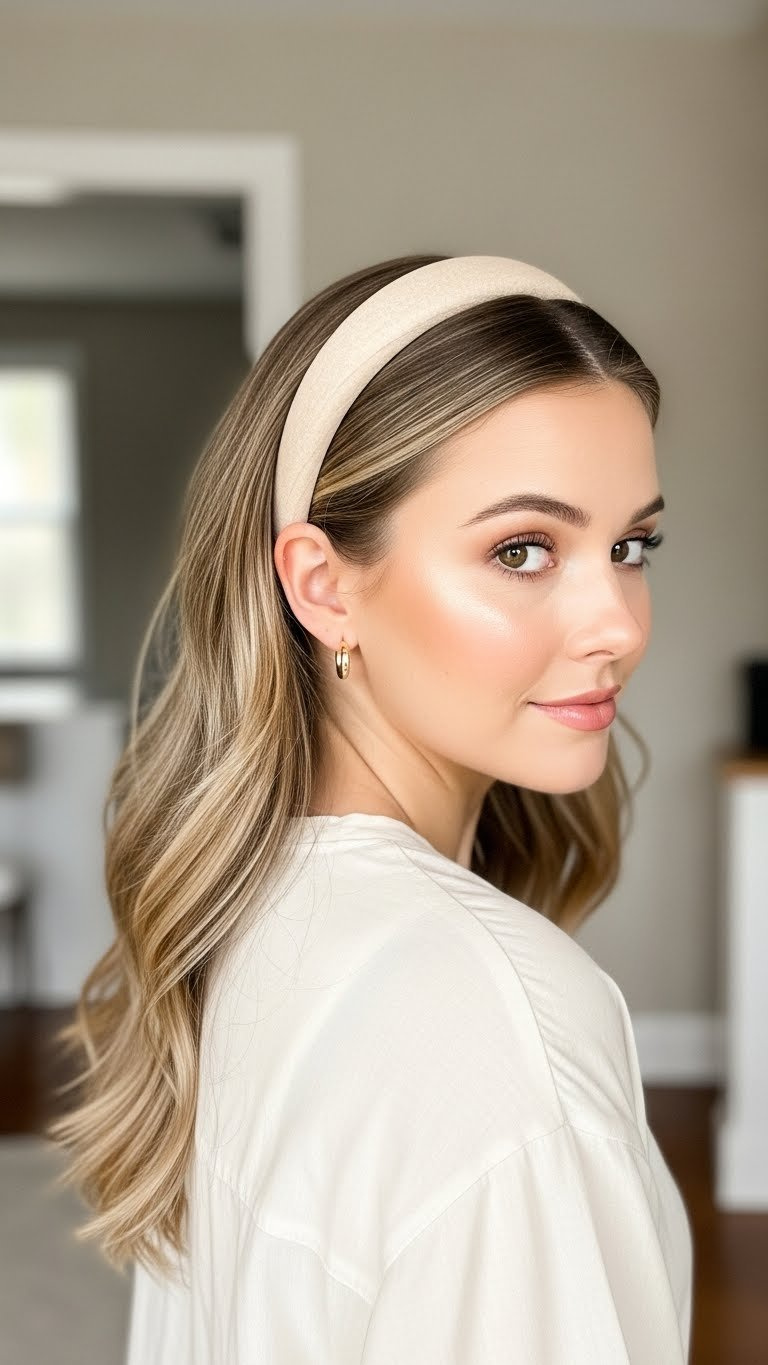 Softly twisted front hairstyle with simple elastic headband creating face-framing effect in light-filled environment.