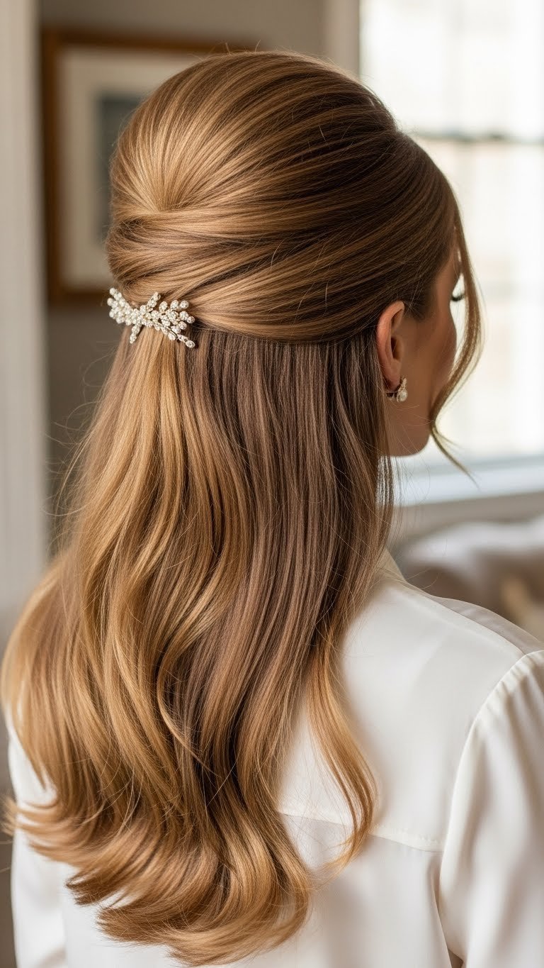 Sophisticated 60s half-up half-down hairstyle with volume at crown and flowing waves against elegant interior background.