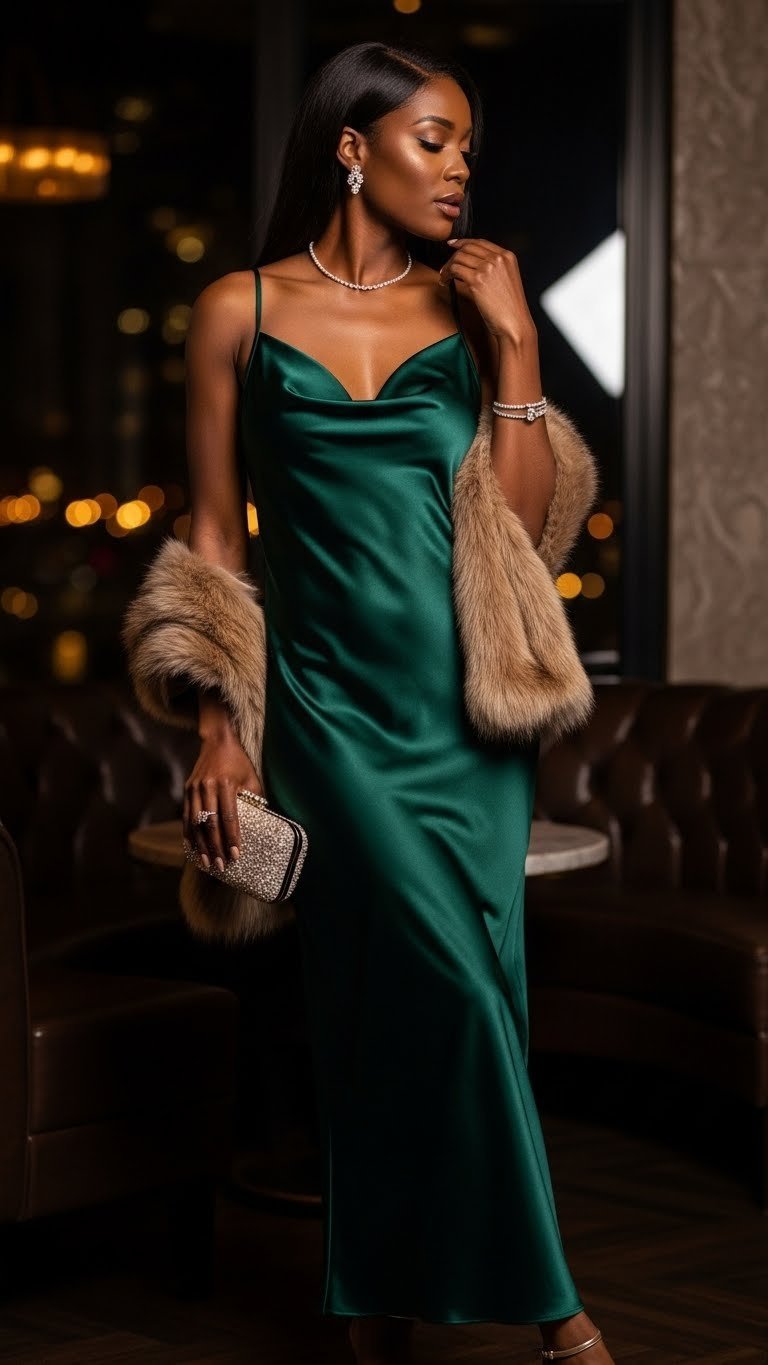Sophisticated Black woman wearing elegant satin slip dress in dimly lit chic lounge with dramatic side lighting