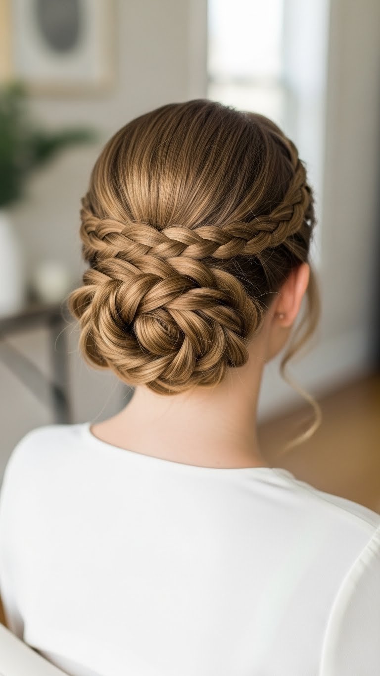 Sophisticated French braid updo coiled into protective style with sleek polished finish for formal occasions