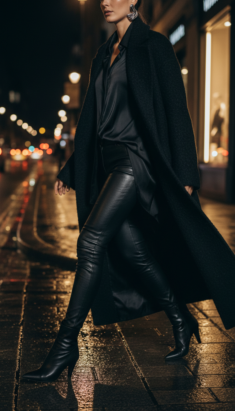 Sophisticated all-black ensemble with leather leggings and silk shirt walking on nighttime city street