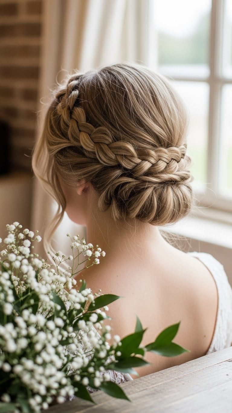 Sophisticated braided crown hairstyle on medium length hair photographed with soft natural lighting and elegant pearl hair accessories