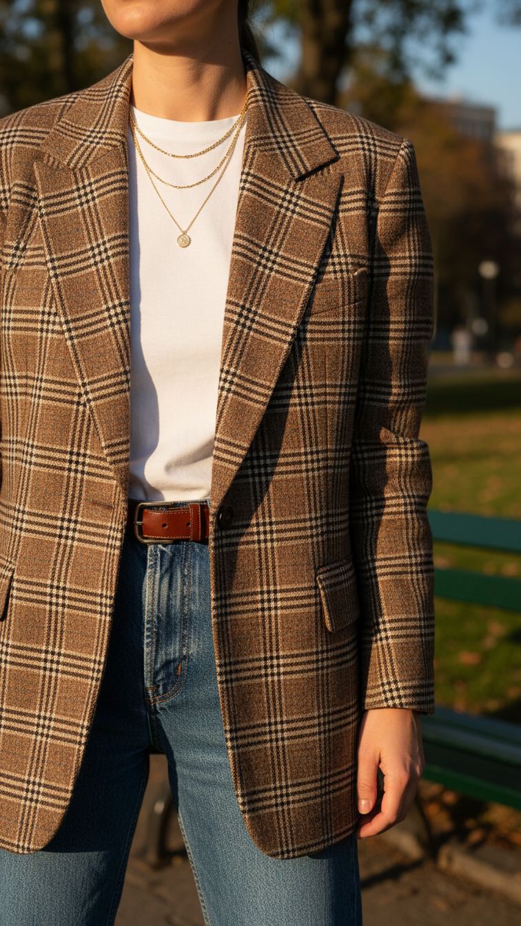 Sophisticated brown plaid blazer layered over white t-shirt and blue denim jeans in city park setting