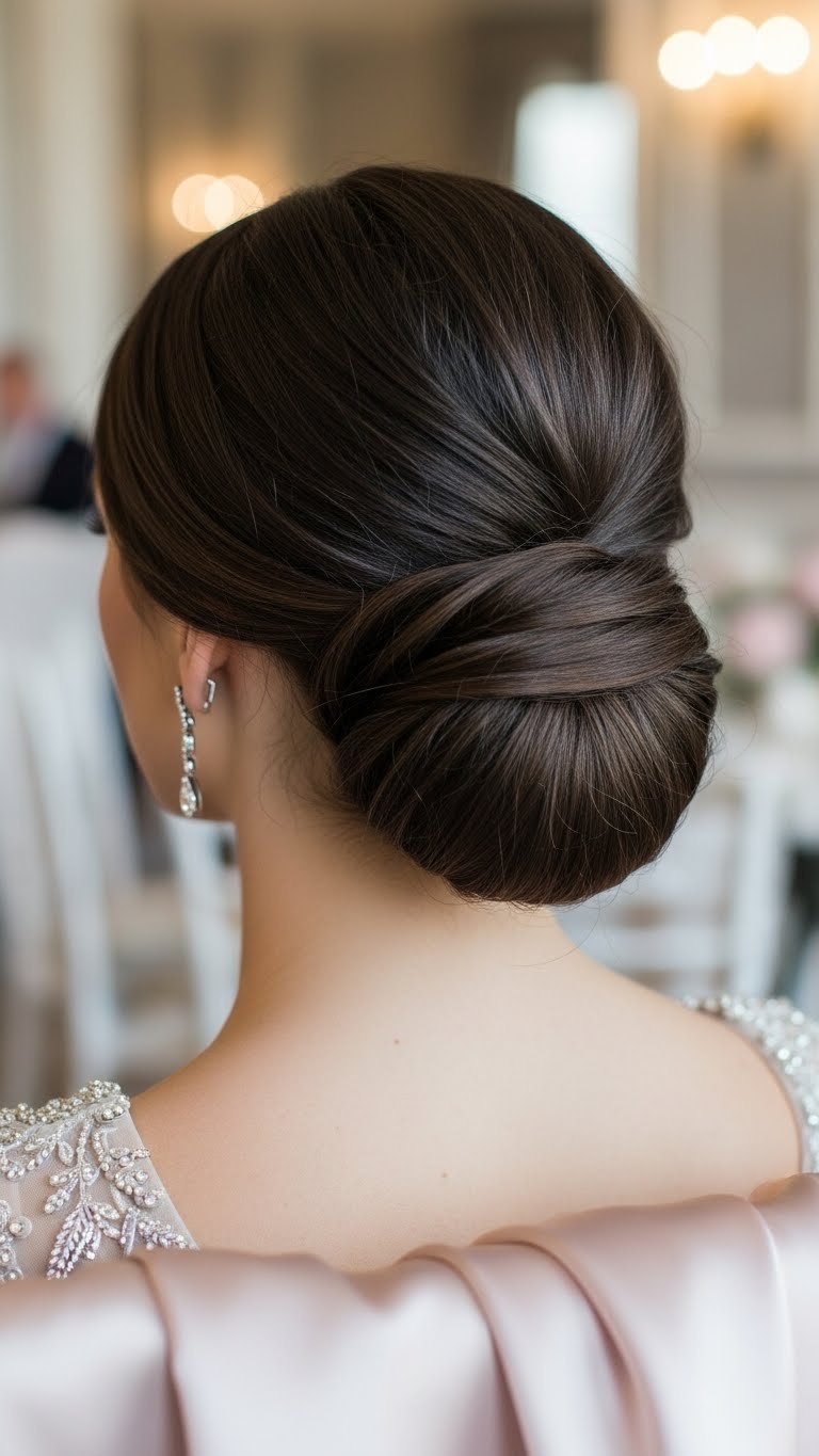 Sophisticated chignon hairstyle on dark shiny medium length hair pinned into low elegant bun
