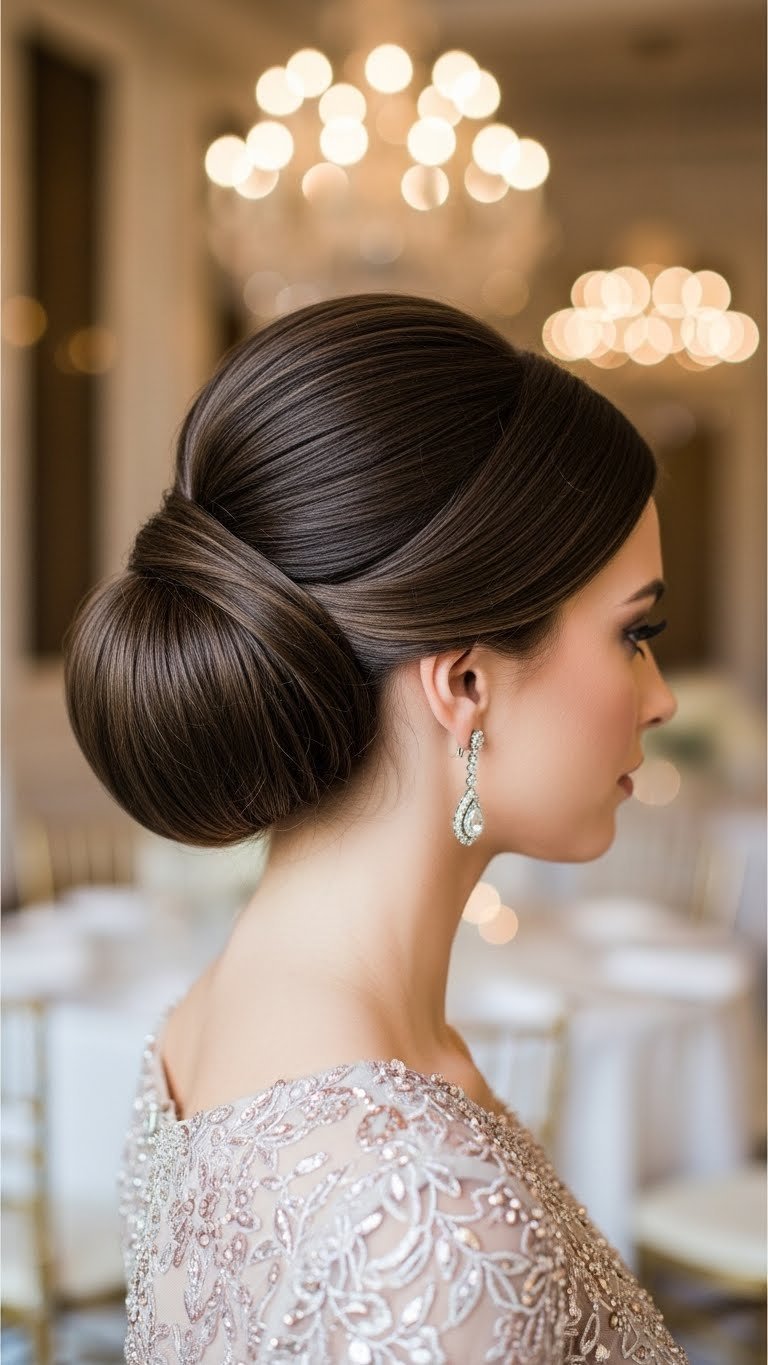 Sophisticated chignon updo hairstyle on elegant brunette hair with smooth low bun and delicate face-framing strands