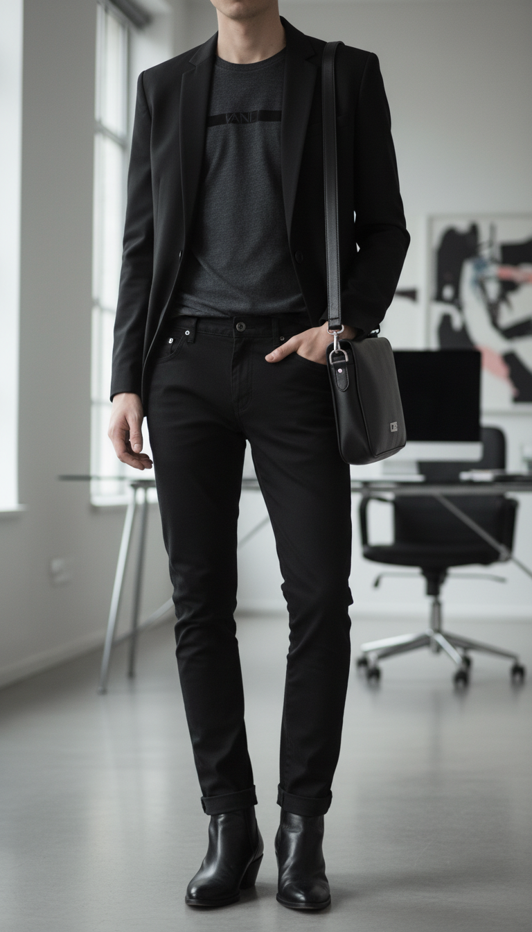 Sophisticated emo professional outfit featuring black blazer, band tee, slim chinos, and leather ankle boots in workspace