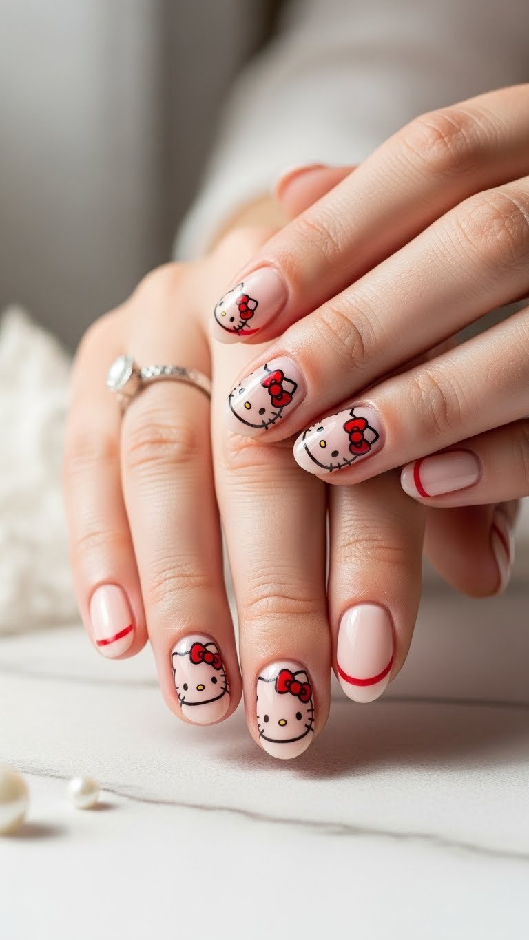 Sophisticated hand-painted Hello Kitty outline nails with red bows on nude base showcasing precision artistry.