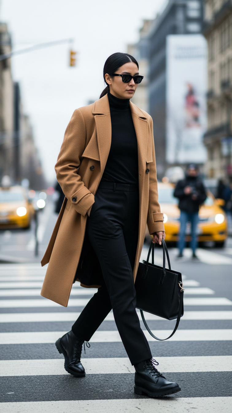 Sophisticated high-fashion city outfit with black Timberland boots, tailored trousers, and camel trench coat on urban street