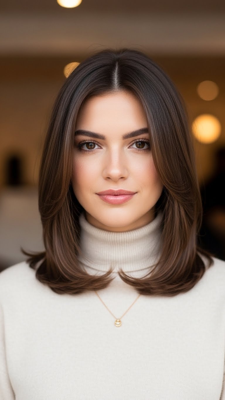 Sophisticated lob hairstyle with face-framing layers adding dimension to smooth straight hair