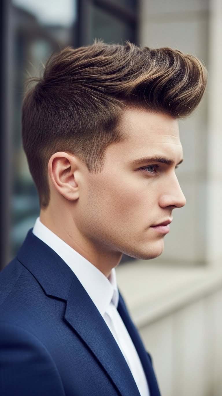 Sophisticated man with quiff hairstyle showcasing significant volume and upward sweep in modern minimalist setting