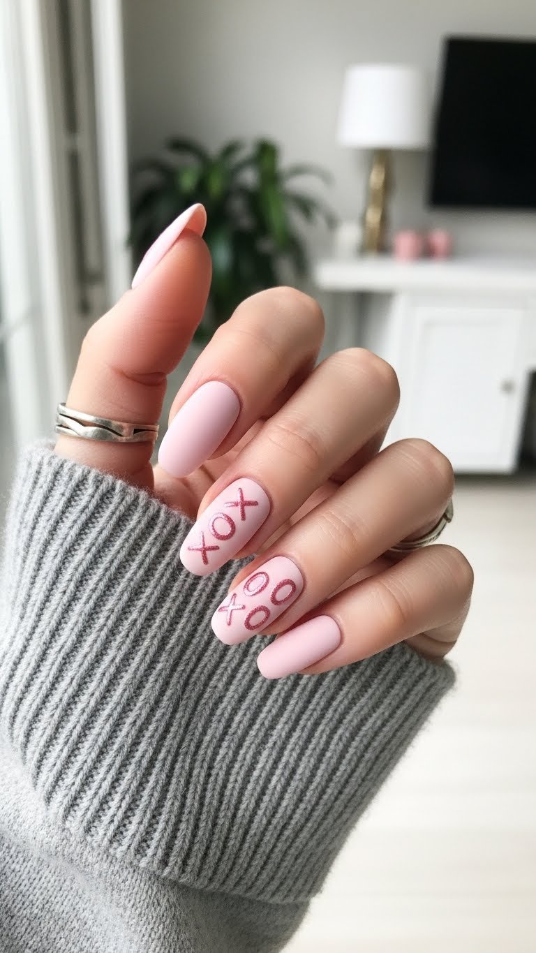 Sophisticated matte pink Valentine's nails with glossy XOXO embossed designs on almond-shaped nails against grey cashmere.