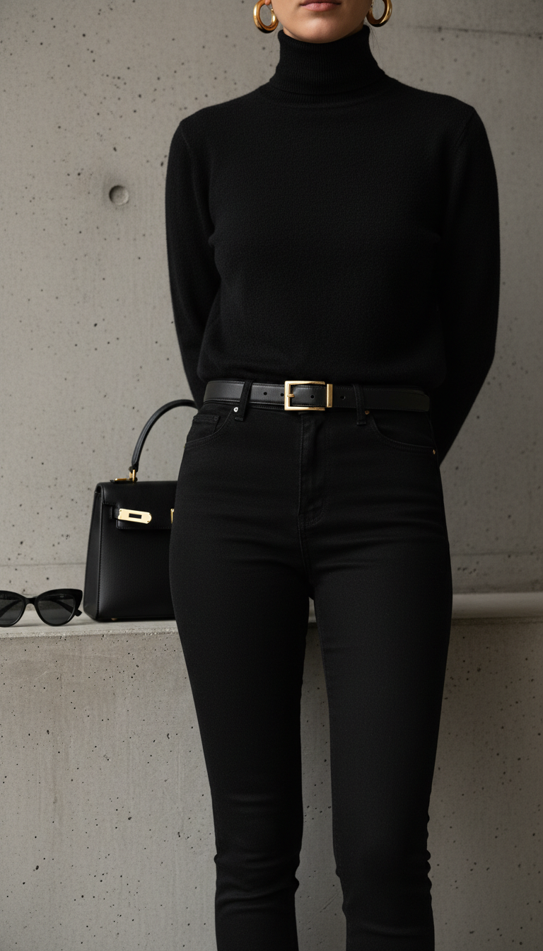 Sophisticated monochromatic outfit with jet black skinny jeans and cashmere turtleneck against concrete wall